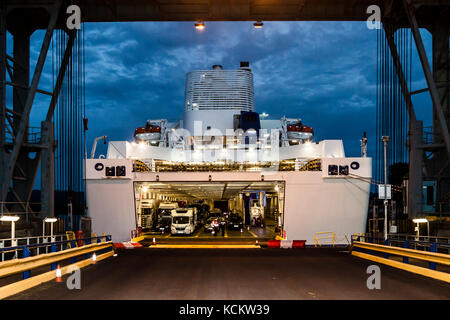 Armorique of Brittany Ferries boarding in Plymouth harbour. A lot of vehicles fit into the belly of the Armorique