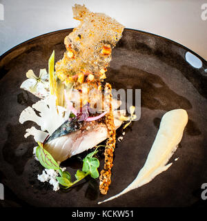 A painting of freshness and crunch: mackerel and cauliflower. Culinaric Art of Michelin Star Chef Loïc Le Bail. The mackerel was marinated in aceto balsamico and comes with a salad cream, a cracker of black ink of octopus, raw cauliflower, steamed spring onions and buckwheat crunch Stock Photo