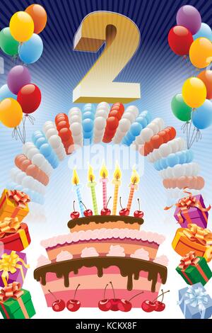 Background with design elements and the birthday cake. The poster or invitation for 2nd birthday or anniversary. Stock Vector