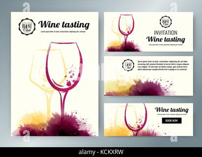 Wine glasses with background stains. Promotion cards and banners Stock Vector