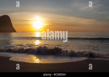 Sunset at Unstad Beach, the surfers paradise in Lofoten Islands, Norway Stock Photo