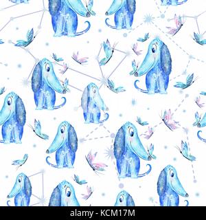 Watercolor Seamless texture with azure blue puppies, butterflies and constellation Stock Photo