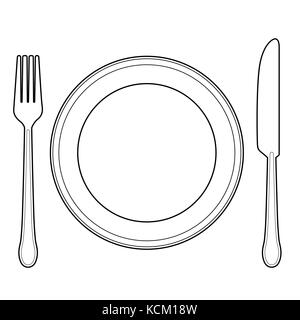 Empty plate with knife and fork on a white background. Linear style-Vector Illustration Stock Vector
