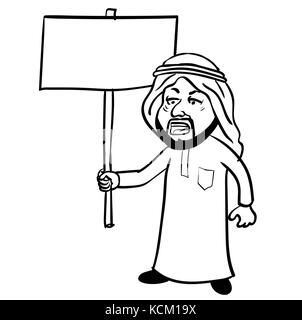 Cartoon of Islam Arab man Protest, muslim man in traditional white robe costume and skullcap holding blank placard with copy space isolated. Vector Il Stock Vector