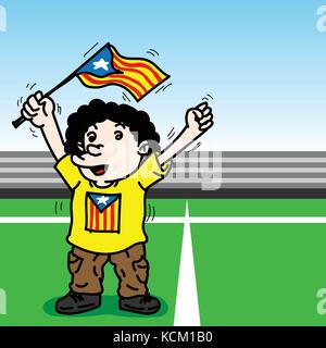 Cartoon of a Funny man holding Catalonia flag along sideline football field-Vector Illustration Stock Vector