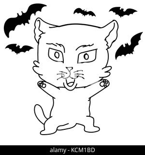 Cartoon of Scarty cat and bats isolated on white background. Black and White simple line Vector Illustration for Coloring Book - Linear Vector Stock Vector