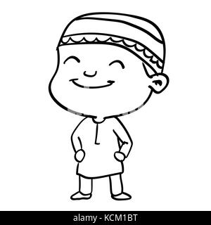 Hand drawing of Smiley Muslim Boy Cartoon isolated on white background. Black and White simple line Vector Illustration for Coloring Book - Line Drawn Stock Vector