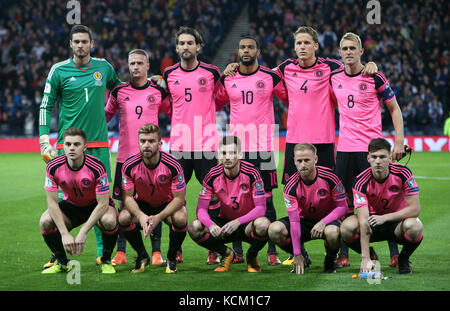 Scotland team group (top row, from left to right) goalkeeper Craig Gordon, Leigh Griffiths, Charlie Mulgrew, Matt Phillips, Christophe Berra and Darren Fletcher (bottom row, from left to right) James Forrest, James Morrison, Andrew Robertson, Barry Bannan and Kieran Tierney during the 2018 FIFA World Cup Qualifying, Group F match at Hampden Park, Glasgow. PRESS ASSOCIATION Photo. Picture date: Thursday October 5, 2017. See PA story soccer Scotland. Photo credit should read: Jane Barlow/PA Wire. Stock Photo