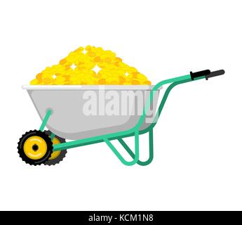 Wheelbarrow and gold coin. Golden treasures in garden trolley. Vector Illustration Stock Vector