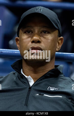 Tiger Woods watching the Men's Semi-Finals at the 2017 US Open Tennis Championships. Stock Photo