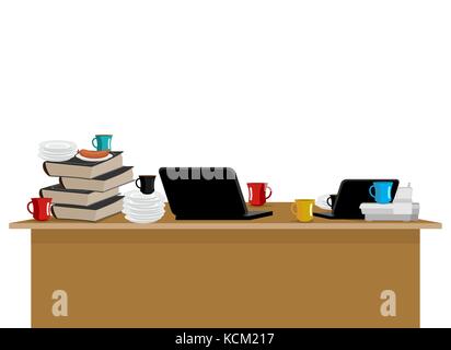 mess in workplace. Computer freelancer. Dirty dishes and laptop. Vector illustration Stock Vector