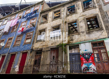 Old residential building with Azulejo facades in Ribeira District of Porto city, Portugal Stock Photo