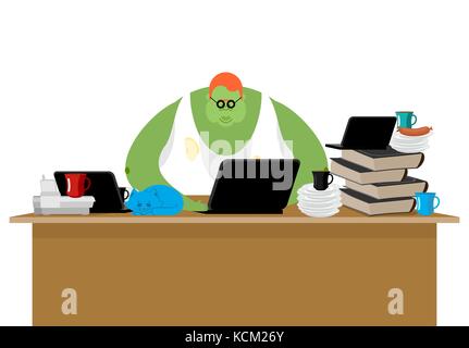 Internet trol. Big green monster and laptop. Vector illustration Stock Vector