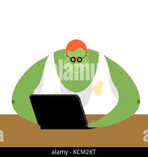 Internet trol. Big green monster and laptop. Vector illustration Stock Vector
