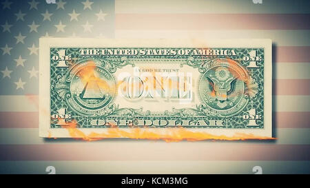 Burning one dollar bills animation. fire dollar. One hundred dollar bill burning. On a photo dollar bill. close-up Stock Photo