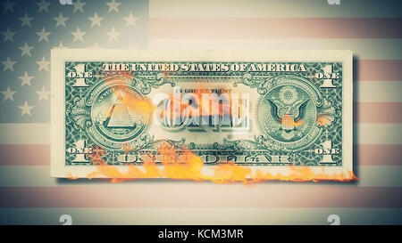 Burning one dollar bills animation. fire dollar. One hundred dollar bill burning. On a photo dollar bill. close-up Stock Photo