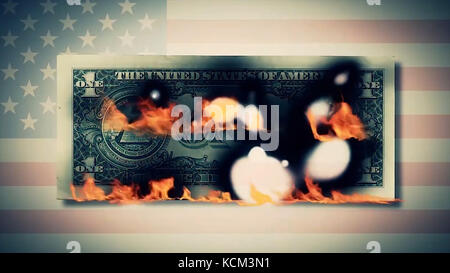 Burning one dollar bills animation. fire dollar. One hundred dollar bill burning. On a photo dollar bill. close-up Stock Photo