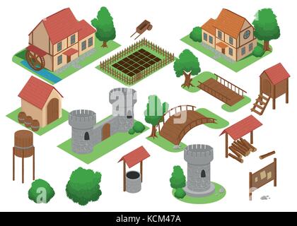 Medieval house Tile Online Strategic android video Game Insight. Development map element Isometric Flat Medieval 3D Buildings and Mill Explore Vector  Stock Vector
