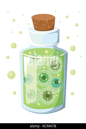 Glass bottle with cork stopper with a green liquid. The potion in a vial. Cartoon style. Stock vector illustration Web site page and mobile app design Stock Vector