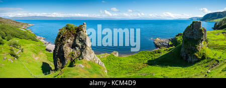 Panorama of Brochel Bay on the Isle of Raasay, Scotland, UK.  Brochel Castle on the right. Stock Photo