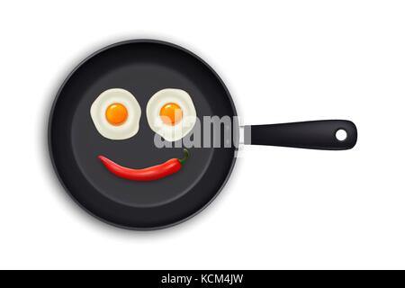 Two realistic fried eggs and red hot chili pepper laid out in the form of an emoticon in a black frying pan icon closeup isolated on white background. Design template. Stock vector mockup. EPS10. Stock Vector