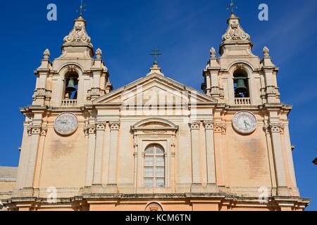St Pauls Cathedral bell tower also known as Mdina Cathedral, Mdina, Malta, Europe. Stock Photo