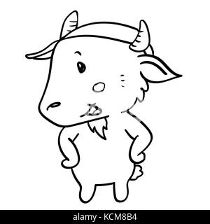 Hand drawing of standing Goat Cartoon isolated on white background. Black and White simple line Vector Illustration for Coloring Book - Line Drawn Vec Stock Vector