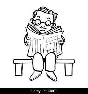 Hand drawing of Cartoon man wear glasses read news paper on bench isolated on white background. Black and White simple line Vector Illustration for Co Stock Vector
