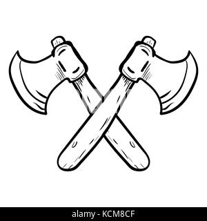Hand drawing of Two Crossed Axes isolated on white background. Black and White simple line Vector Illustration for Coloring Book - Line Drawn Vector Stock Vector