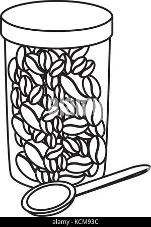 flat line uncolored jar with coffee beans over white  background  vector illustration Stock Vector