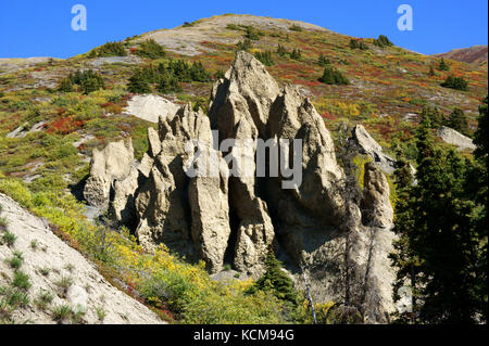 Erosion rock spires on Sheep Mtn. along Sheep creek trail, Kluane NP. Yukon. Canada Stock Photo