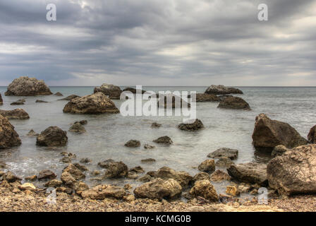 landscape of a famous rock formations, bays near the extinct volcano Karadag Mountain in KaraDag reserve in north-east Crimea, Black sea Stock Photo