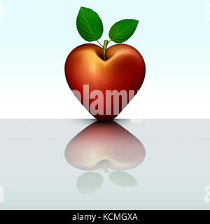 3D illustration of a red heart shaped apple mirrored on a reflective table top. Stock Photo