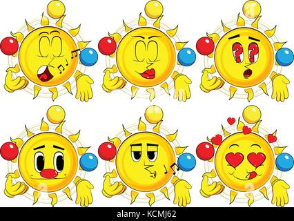 Cartoon sun juggler. Collection with various facial expressions. Vector set. Stock Vector