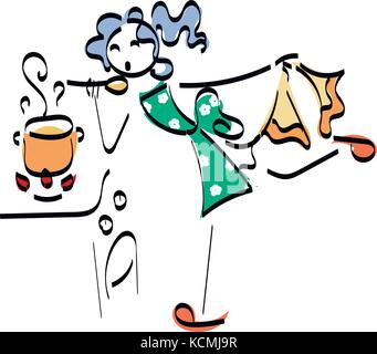 Doodle stickman illustration concept. Cooking woman with tasty food Stock Vector