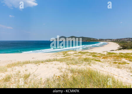 Beautiful Spring day at One mile Beach, near Forster on the New South Wales Coast, the beach is famous for its large hill sand dune,Australia Stock Photo