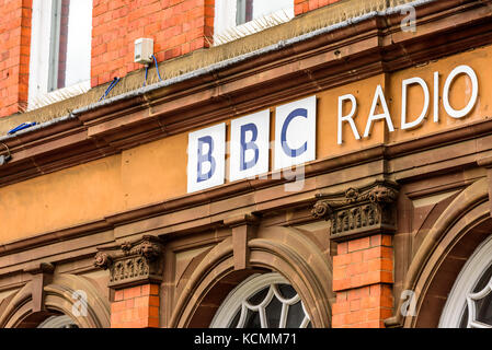 Northampton UK October 5, 2017: BBC Radio logo sign in Northampton town centre. Stock Photo