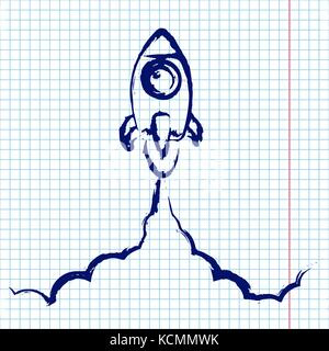 Hand draw chalk and ink rocket launch flat icon. Rocket illustration with clouds, space and launch fire, doodle ink art on notebook paper background. Back to school illustration Stock Vector