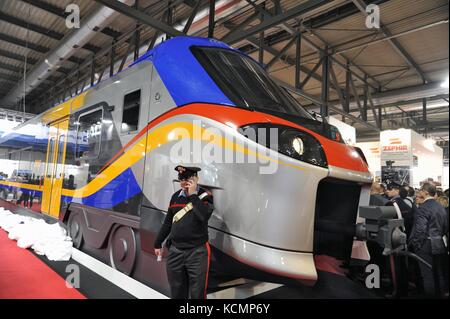 Railway International Expo 2017 at Milan-Rho fair (Italy); the new regional train of Pop series built by Alstom for Trenitalia Stock Photo