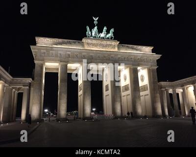 Berlin's most famous landmark, the Brandenburg Gate, at night, Germany Stock Photo