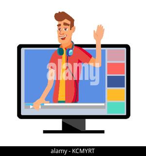 Video Blogger Vector. Classic Man Blogger With Camera. Records Video Blog. Isolated On White Cartoon Character Illustration Stock Vector