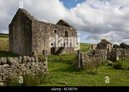 Exterior of the best preserved Grade 2 listed Bastle (a fortified 18th/19th century farmhouse) at Black Middens, on 28th September 2017, in Gatehouse, Northumberland, England. Bastel, bastle, or bastille houses are a type of construction found along the Anglo-Scottish border, in the areas formerly plagued by border Reivers. Typically, the bastle was 10-12 metres long by 5-6 metres wide with walls up to 1.6 metres thick. Some 400 tonnes of sandstone blocks were needed for construction with corner quoins (corner stones) weighing up to 300kg. Bastles would have been costly to build so afforded by Stock Photo