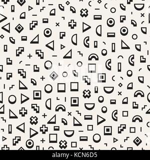 Scattered Geometric Shapes. Inspired by Memphis Style. Abstract Background Design. Vector Seamless Black and White Irregular Pattern. Stock Vector