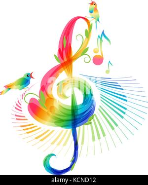 Art treble clef and keyboard instrument with notes and birds Stock Vector