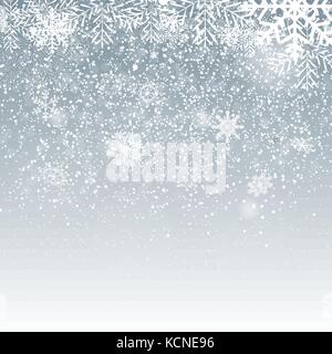 Falling Shining Snowflakes and Snow on Blue Background. Christmas, Winter and New Year Background. Realistic Vector illustration for Your Design Stock Vector