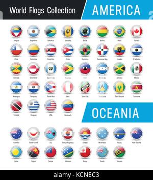 Flags of America and Oceania, inside round icons - Vector world flags collection Stock Vector