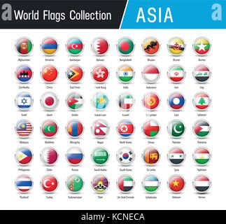 Flags of Asia, inside round icons - Vector world flags collection Stock Vector