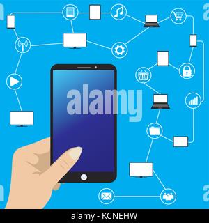 Hand holding smart phone,Conceptual picture of connection between gadgets, icons, networks.Flat Vector illustration Stock Vector