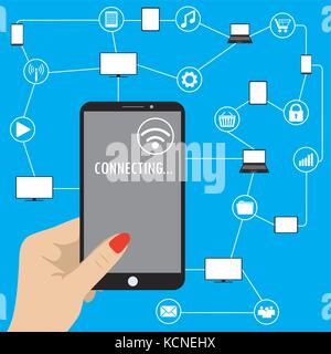 Hand holding smart phone,Conceptual picture of connection between gadgets, icons, networks.Flat Vector illustration Stock Vector