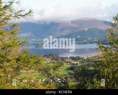 Derwentwater with Keswick beyond from Castle Crag, Lake District National Park, Cumbria, United Kingdom Stock Photo